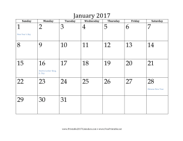 January 2017 Calendar Calendar