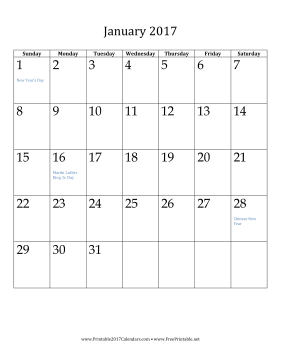 January 2017 Calendar (vertical) Calendar
