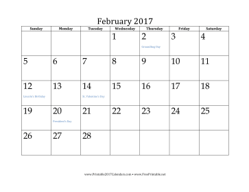February 2017 Calendar Calendar