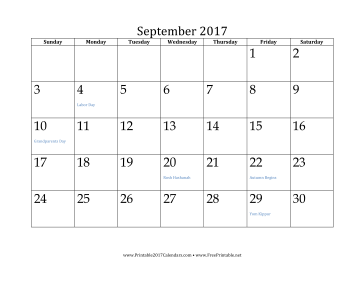 September 2017 Calendar Calendar