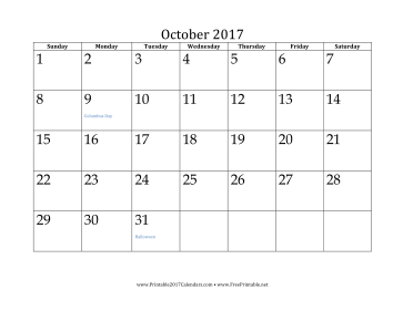 October 2017 Calendar Calendar
