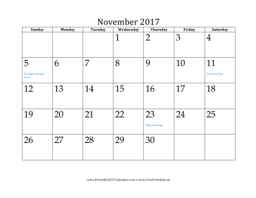 November 2017 Calendar Calendar