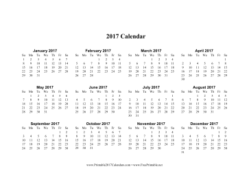 2017 Calendar on one page (horizontal) Calendar