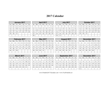 2017 Calendar (horizontal grid descending) Calendar