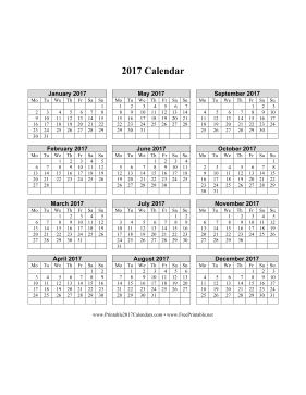 2017 Calendar on one page (vertical week starts on Monday) Calendar
