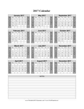 2017 Calendar on one page (vertical shaded weekends notes) Calendar
