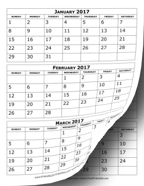 2017 Calendar Three Months Per Page Calendar
