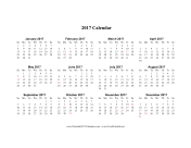 2017 Calendar on one page (horizontal holidays in red) calendar