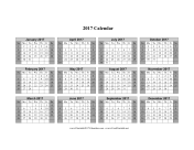 2017 Calendar on one page (horizontal shaded weekends) calendar