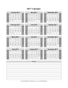 2017 Calendar on one page (vertical shaded weekends notes) calendar