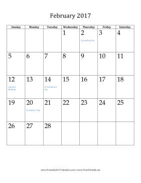 February 2017 Calendar (vertical) Calendar