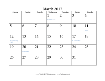 March 2017 Calendar Calendar