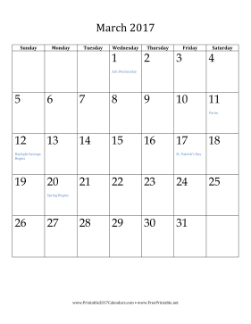 March 2017 Calendar (vertical) Calendar