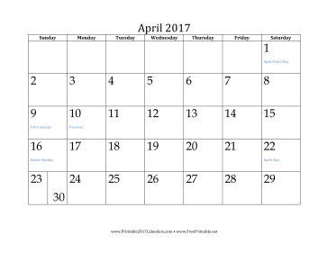 April 2017 Calendar Calendar