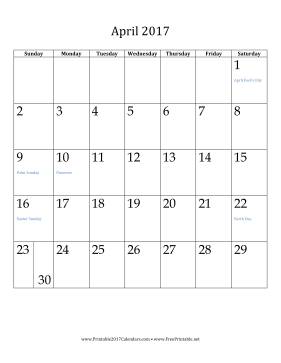 April 2017 Calendar (vertical) Calendar