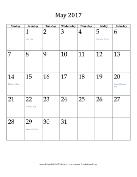 May 2017 Calendar (vertical) Calendar
