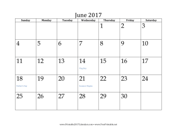 June 2017 Calendar Calendar