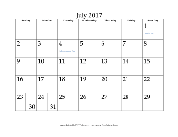 July 2017 Calendar Calendar