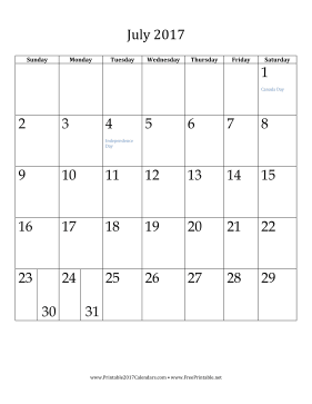 July 2017 Calendar (vertical) Calendar