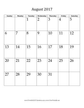 August 2017 Calendar (vertical) Calendar