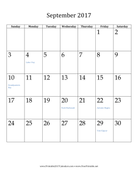 September 2017 Calendar (vertical) Calendar