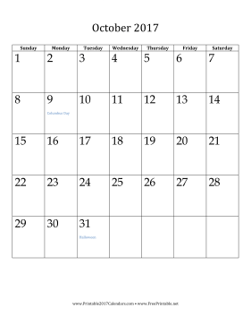October 2017 Calendar (vertical) Calendar