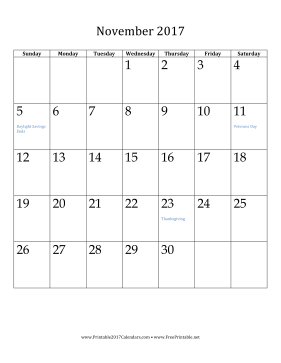 November 2017 Calendar (vertical) Calendar