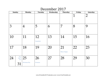 December 2017 Calendar Calendar