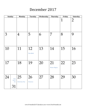 December 2017 Calendar (vertical) Calendar