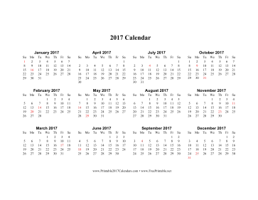 2017 Calendar (horizontal descending holidays in red) Calendar