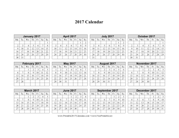 2017 Calendar on one page (horizontal week starts on Monday) Calendar
