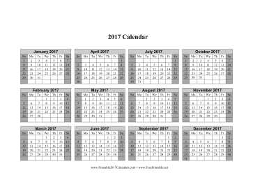 2017 Calendar on one page (horizontal shaded weekends) Calendar