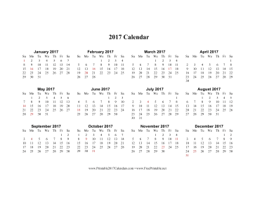 2017 Calendar on one page (horizontal holidays in red) Calendar