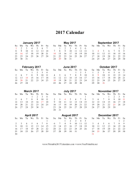 2017 Calendar (vertical descending holidays in red) Calendar
