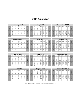 2017 Calendar on one page (vertical shaded weekends) Calendar