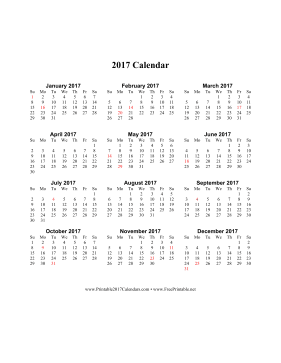 2017 Calendar on one page (vertical holidays in red) Calendar