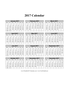 2017 Calendar on one page (vertical months run across page week starts on Monday) Calendar