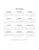 2017 Calendar on one page (vertical holidays in red) calendar