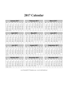 2017 Calendar on one page (vertical months run across page week starts on Monday) calendar
